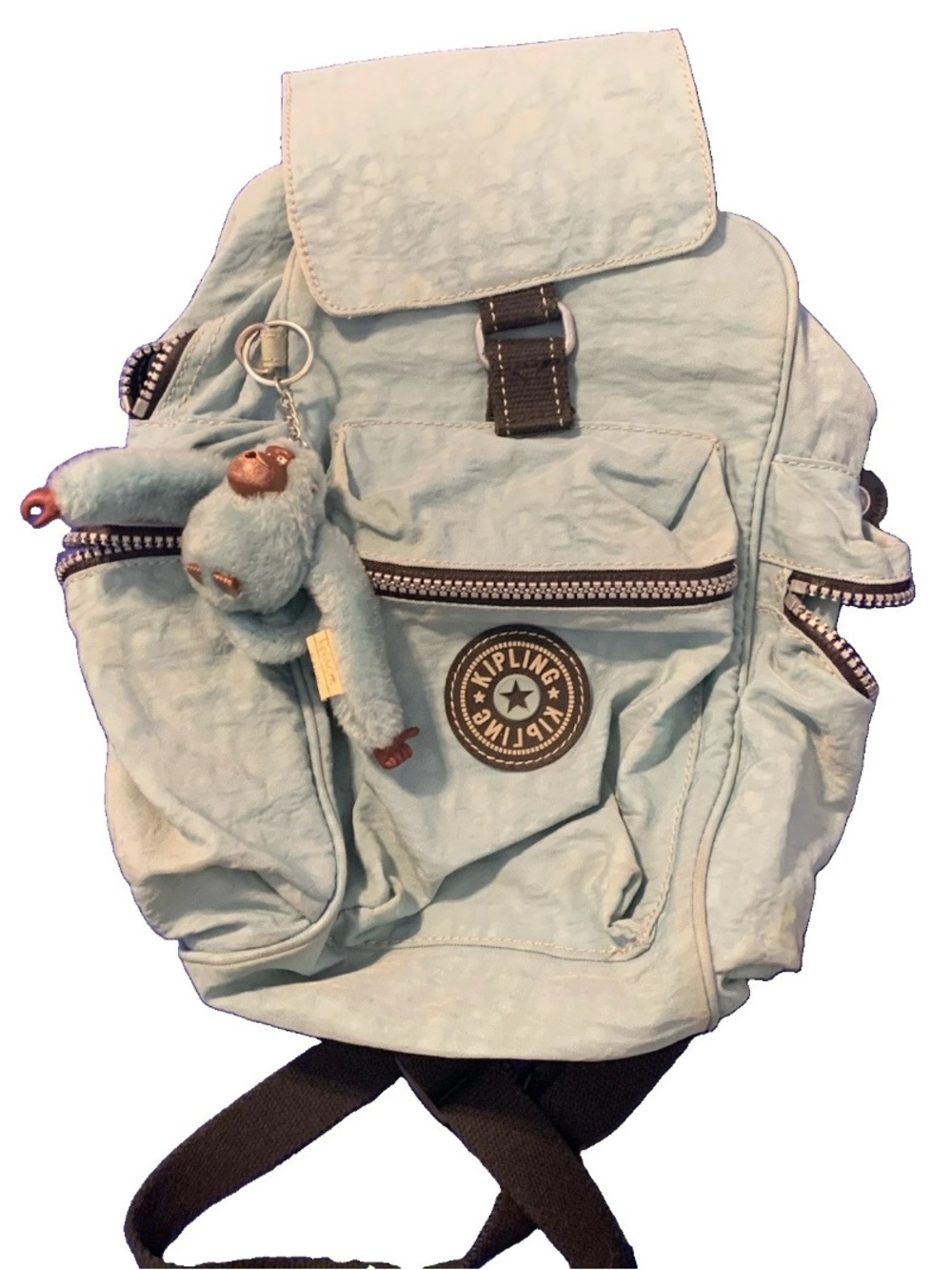 Vintage 90s Kipling Karin Backpack Light Blue Nylon - Rare "Joom" Gorilla Charm